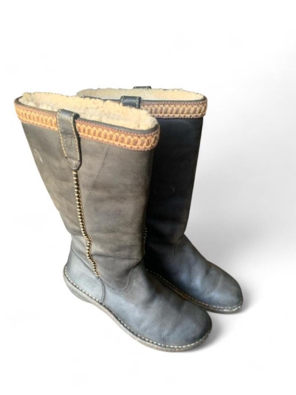 UGG Tall Shearling-Trim Leather Boots in Gray